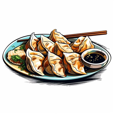 Envision a clipart showcasing gyoza, the famous Japanese dumplings. With a golden, crisp underside and pleated tops, they look irresistible. The hand-painted style clipart perfectly depicts the appetizing appearance of these dumplings, complete with a small bowl of dipping sauce. The whole scene is displayed against a pristine white background to make the colors pop.