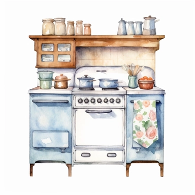 watercolor clipart, small vintage country kitchen unit in decent light colors, white background, view from front, high quality, highly detailed, sharpness