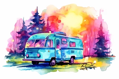 colorful bright vibrant neon vintage camper, scene, watercolor clip art