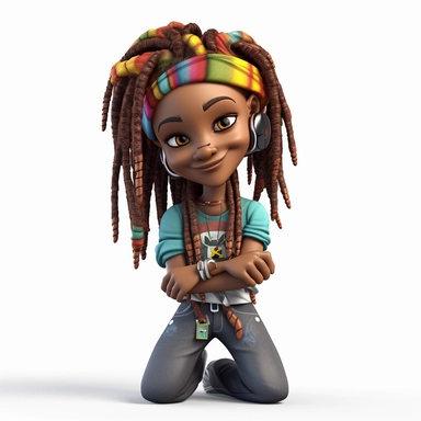 cute cool black girl with wild colorful dreadlocks, 3d, arms folded, chibi style, jewelry, hip hop clothing, smiling, posing, clipart, whole body, white background,
