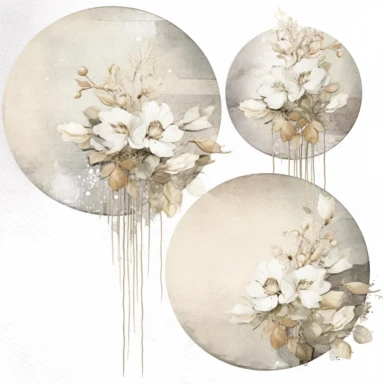 scrapbook paper template, intricate three small bouquets of white floral watercolor clipart on the borders on paper, luxurious textures, nature-inspired pieces, very high resolution
