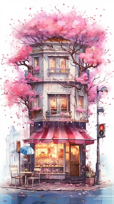 Very very cute and Whimsical quirky Jazzy coffee shop, building corner, cherry tree blossom, Raining colorful, Watercolored illustration in the style of Michael Powell, clipart, city vibe background - 8K