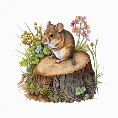 watercolor mouse on a log, clipart, white background