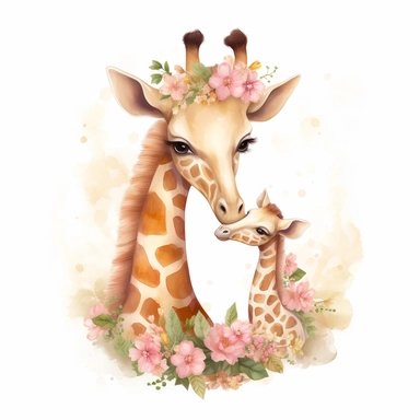 cute floral illustration, realistic adorable baby giraffe hugging his mom, happy clipart, nursery style clipart, nursery animal art, kids wall art, baby room decor, isolated on white, ultra - detailed, high quality, ghibli style, award winning