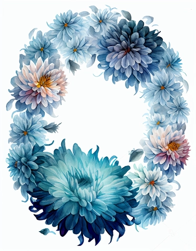 detailed vibrant watercolor round blue chrysanthemum flower wreath with very wide middle white space , isolated on white background, realistic, clipart
