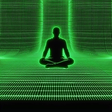 the clipart of sitting person on a green carpet, in the style of neon realism, zen buddhism influence, creative commons attribution, orientalist, daan roosegaarde, lit kid, green and black