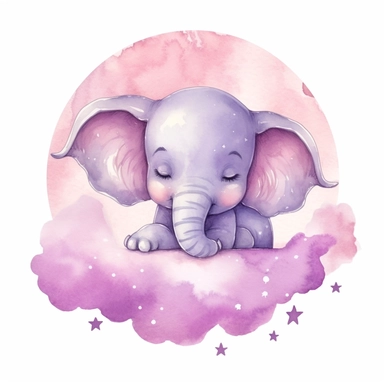 watercolor cute baby girl elephant sleeping on cloud with bowtie on head clipart, mauve pink, stars in background, on a white background