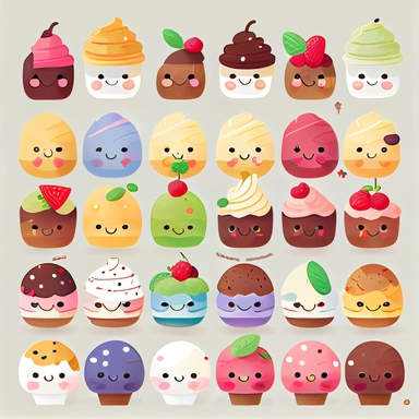 beautiful tiny happy face kawaii desserts, clipart collection, no background, many tiny