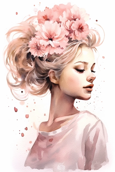 a cute cartoon pretty young Girl with a high white and pink ligth colored bun and roses sparkling around her profile, long curly hair with mini flowers in head, portrait, daydreaming expression in watercolor form, sarah kay and holly hobbies, clipart, watercolor, smiling, on a white background, daydreaming expression in watercolor form