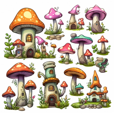 Create a collection of clipart featuring a magical world filled with enchanted mushrooms and whimsical creatures. Draw towering mushrooms with glowing caps, and tiny fairy-like creatures flitting around them. Use a white background and separate each element so they can be easily incorporated into any project. Add other fantasy elements such as castles, dragons, and unicorns to complete the scene. Let your imagination run wild with colors and details, bringing your mystical world to life.