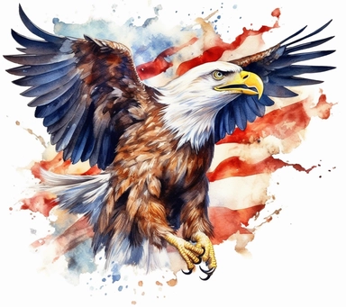 4 July Independence Day close-up detail of an American eagle flying around a retro-style American flag , watercolor clipart, bright colors, isolated white background, 8k