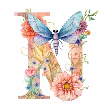 Beautiful Pastel Dragonfly Flower Alphabet  W  Letter Watercolor Clipart,Cartoon, hyper realistic, intricate detail, illustration style,high solution,on the white background