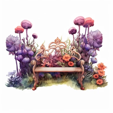 boho, hippy, highly detailed watercolor clipart, garden bench, red and purple wild flowers, fantasy, highly detailed, fantasy cartoon illustration whimsical, UHD, 8K, 3D, solid white background