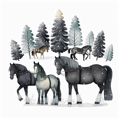 dark academia, horses, snow, fairytale, Christmas, swedish folk art, watercolor, white background, clipart