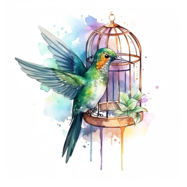 An endearing watercolor Hummingbird bird clipart of Hummingbird bird in cage 300DPI