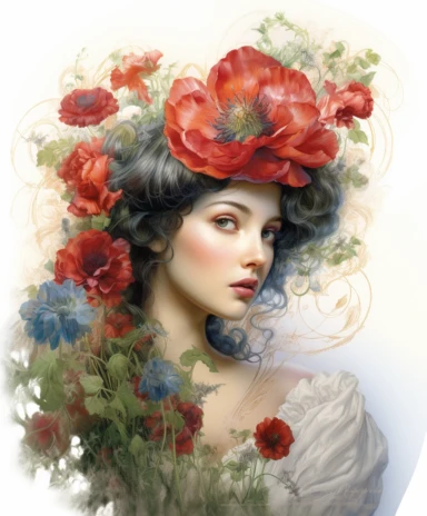 isolated on white watercolor mixed media of a portrait of a beautiful and feminine flower gardener, decorated with poppies and cornflowers and summer flowers and magic crystals, lace and embroidery, masterpiece by Edouard Bisson style and by Tom Bagshaw style and by Vladimir Kush style and by Hans Zatzka style, Baroque fashion, PNG clipart, isolated on white, extreme photorealistic details, 32k HD resolution, realistic high detailization high resolution