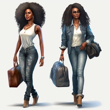 one very beautiful african american models, dressed in jeans, full body, long wavy hair, each has a suitcase, on the way to the airport, happy, walking together, hyper realistic, mid thirties, illustration clipart