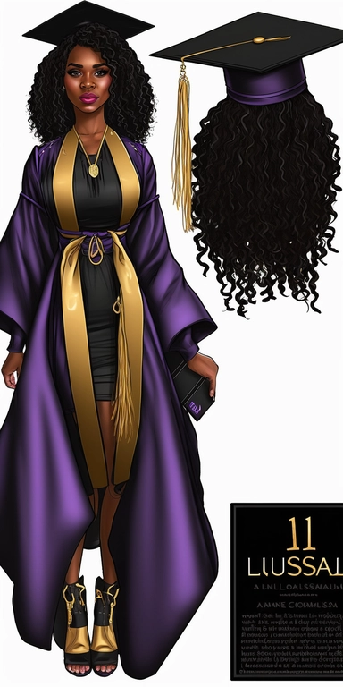 ultra realistic clipart, Lousiana State University Graduation Gown, Kinte Cloth Stoll, Black Graduation Cap, Purple and Gold, Tassle, Right Arm stretched up, Right hand holding a diploma, LSU College Graduate, Beautiful Black Girl Magic Melanin Black, black high heel pumps, African American,