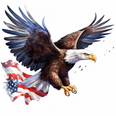 flying bald eagle with american flag in his talons, clip art, white background