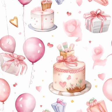 A cute collection on white with margins of birthday icon birthday cake, balloons, hearts, flowers, presents, watercolor, vector, clipart, elaborate, ultra - detailed, soft colors, rose gold and pink high definition, UHD