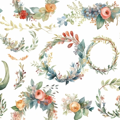 Design a set of watercolor-style digital cliparts specifically for wedding and event decorations. The cliparts should include elements such as flowers, garlands, wreaths, ribbons, and romantic symbols like hearts and doves. Consider various color palettes and styles to cater to both traditional and modern weddings and events. The cliparts should be versatile and suitable for use in invitations, save-the-date cards, menu cards, table cards, seating charts, and other decorative elements