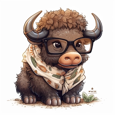 kawaii adorable cape buffalo wearing cute glasses, nursery art, clipart image, line art image, white background, inspired by yoshitaka amano art, very detailed, 8k