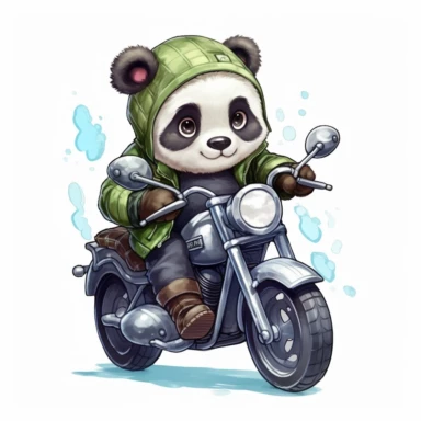 Create a clipart of a cute panda wearing a green leather jacket and riding a motorcycle. Kawaii. White Background, soft lighting.