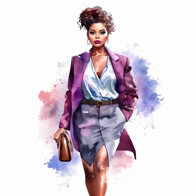 watercolor style, african american lady boss in fashion chic clothes, perfect look, classic colors, expressing self-confidence and empowerment. clipart, isolated on white background, hd
