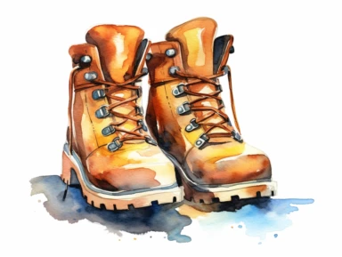 Watercolor clip art on white background, hiking boot, Clipart, high-resolution image with vibrant and true-to-life colors, isolated