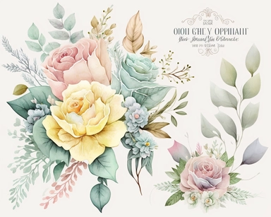 soft colorful pastel colored floral arrangement clipart, soft and subtle, colorful fairy pastel colors watercolor style, fawncore, pastel roses only, dreamy green and yellow pastel colors, muted pastel colors, plain white background, use of fabric, excellent depth of shading in soft watercolor style, watercolor artwork, plain white background for transparent editing