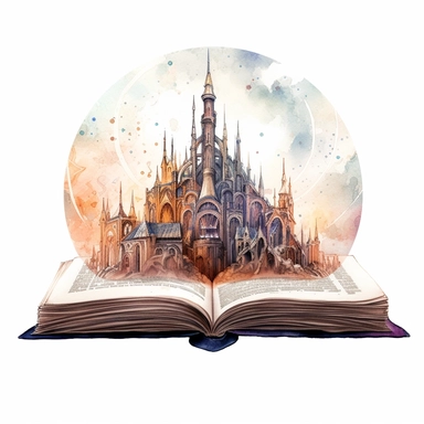 Solid white background, minimalist detailed watercolor open ancient magic book that has an image of an elvish city with stunning architecture , clipart. The visable pages of the book have sketched magic circles on them visibly