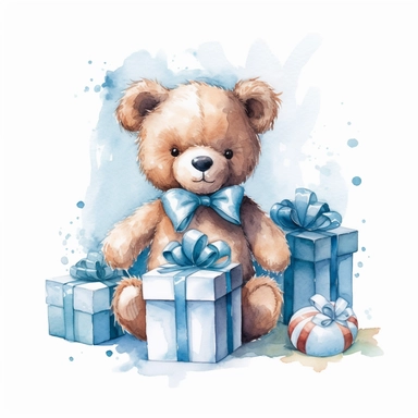 Watercolor Teddy Bear , Blue present box with ribbon, Baby Shower for a boy, Clipart, smilling, sweet, cuddly, happy, playfull, playing, diffrent pose, Transparent background PNG q2 v4