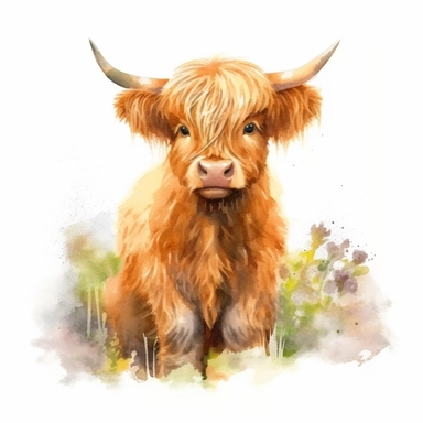 Create a delightful watercolor clipart of a Highland cow sitting down, in a close-up view that highlights its cuteness and innocent nature, using ultra HD image quality to bring out the details and create an artwork that captures the viewer's heart.