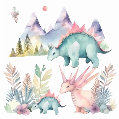 friendly, fluffy watercolor dinosaurs clipart, pastel colors, in the mountains, forest, separated, seamless, transparent background--AR 3:2