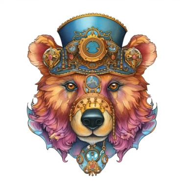 A face of bear in sweet steampunk style, water color style, pinks, oranges, blues, teal, and liquid gold, watercolor illustrations, narrative clarity, photo-realistic drawings, detail-oriented, white background, transparent background, clean and elegant, sinister beauty, very detailed, victorian-inspired illustrations, watercolor illustration clipart, watercolor clipart, serge Marshhennikov, victor nizovtsev, i can't believe how beautiful this is
