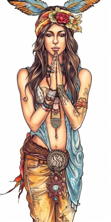 woman in fashion pose, Bohemian, exotic, brown eyed and brown haired woman with a headband with flowers and feather, cowboy boots, lotus choker, large earrings, tattoos, hands in prayer, wearing her heart on her sleeve, watercolor illustration on white ba