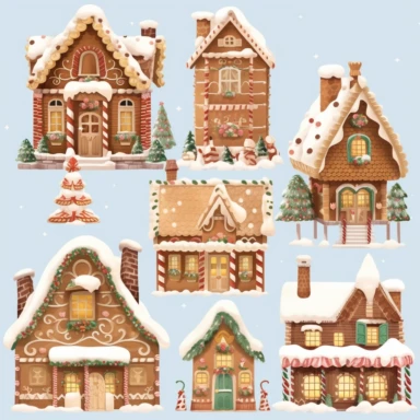 <@936929561302675456> very detailed, gingerbread house town village set of clipart, flat, no 3D, light brown and white, transparent background,