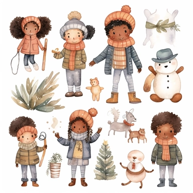 Cute african american Christmas watercolor vector clipart planner stickers of melanin children, Classic Christmas clipart, Digital Planner Stickers, winter watercolor graphics, melanin Santa, Snowman, Holidays, white background, png