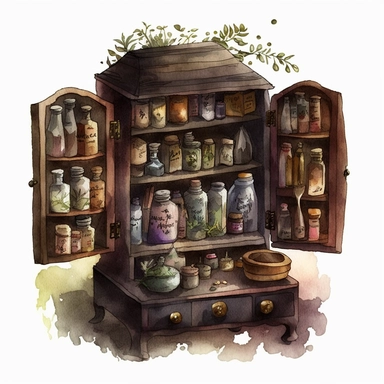 Watercolour Witches Apothecary Cabinet, fairytale, open drawers, clipart