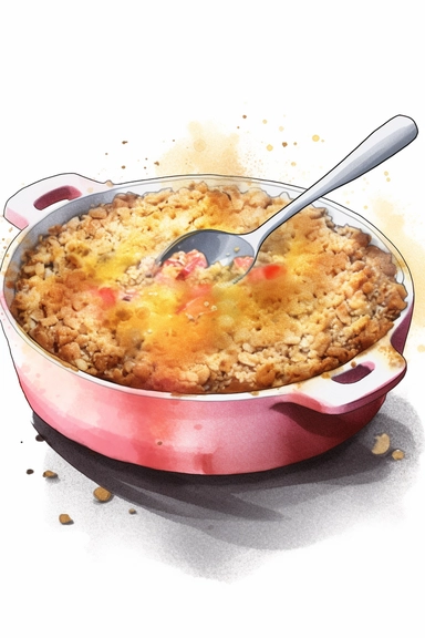 rhubarb crumble with custard, with watercolor topping, clipart, hd, offset white background