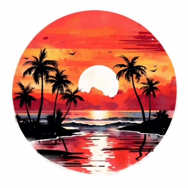 Red Black tim hildebrandt Style Watercolor Beach Ocean Retro Sunset Clipart, Colorful and white Background