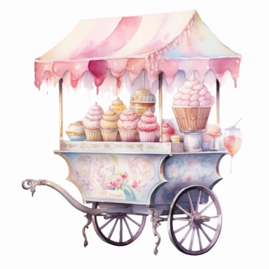 Victorian Ice Cream Cart clipart, soft pastel colors, in the style of realistic watercolors, feminine sensibilities, detailed illustrations, made of all of the above, in style of Willem Haenraets, clean background, white background, on a white background, transparent background
