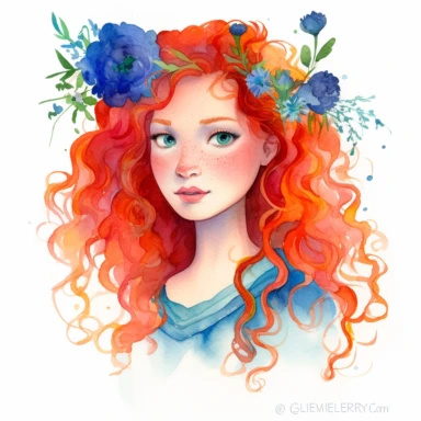 watercolor Scottish princess Merida, long, curly red hair, bright blue eyes, flowers, clipart, white background, by Glen Keane