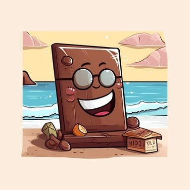 a kawaii chocolate bar at the beach smiling to the sea, sunshade, watercolor clipart, funny, realistic, no backgrounds