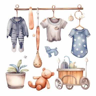 watercolour clipart of newborn nursery items, including cot, dummie, hanging mobile, baby shoes, featuring cute