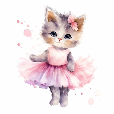Children book illustration. cartoon cute baby cat in tutus. Watercolor clipart