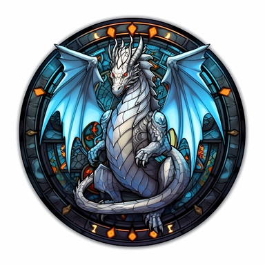 a stained glass glowing mechanic dragon with white lights on his eyes,four legs, full body dragon, master of metals, metallic silver and metallic black, manhwa character design, in the style of artgerm, 2d game art, quadratura, clipart, on white blackground, circular shape,