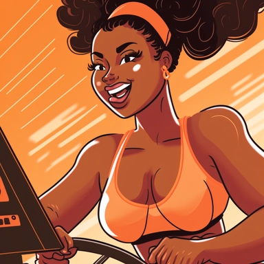 ? beautiful black womanly working out in a gym, wearing orange workout clothes, smiling and sweating clipart