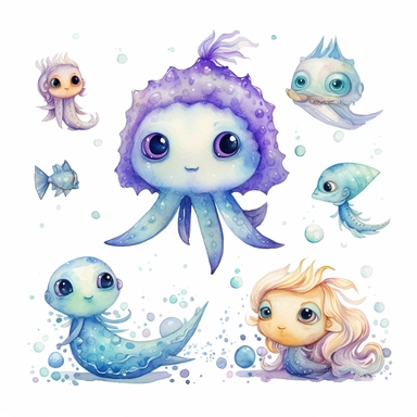 cutest little nursery sea creatures with big eyes, full body, pen and ink with watercolor, pearlescent horn, sparkles, glittery, clipart sheet, nurseycore