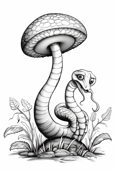 illustration of a mushroom with a green cap and a spiky stem, with a snake coiled around it , clipart style of coloring book for children, super simple, thick, clear, lines, black and white, white background